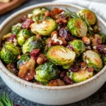 Warm Brussels Sprout Salad With Hazelnuts And Bacon Topped With Pecorino Cheese In A Rustic Bowl