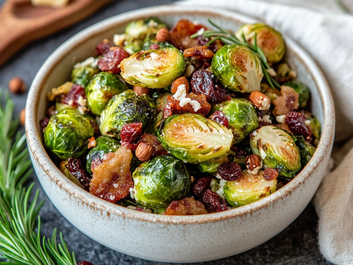 Warm Brussels Sprout Salad With Hazelnuts And Bacon Topped With Pecorino Cheese In A Rustic Bowl