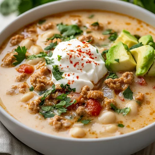 Delicious White Chili With Ground Turkey Recipe Everyone Will Love 3 Bowl Of White Chili With Ground Turkey Topped With Sour Cream, Cilantro, And Avocado On A Light Wooden Table