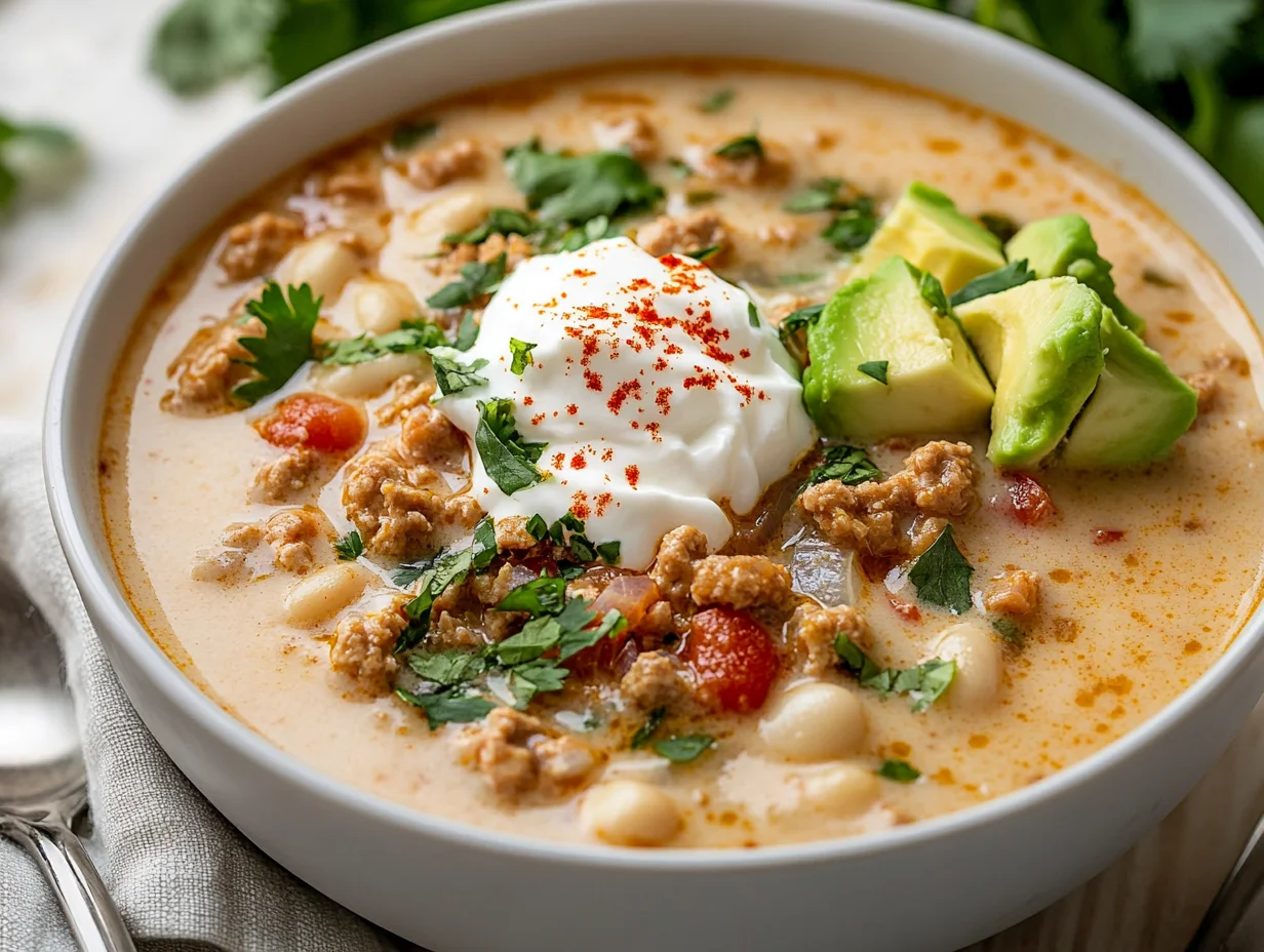 Bowl Of White Chili With Ground Turkey Topped With Sour Cream, Cilantro, And Avocado On A Light Wooden Table
