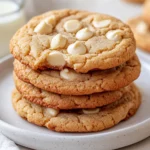 Stack Of Golden Brown White Chocolate Chip Cookies On A White Plate With Gooey Chips, Scattered Cookies, And A Glass Of Milk
