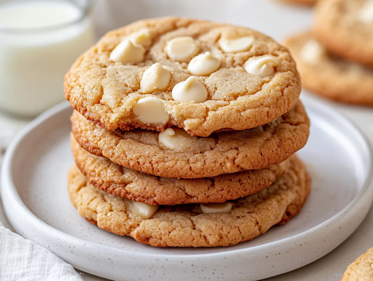 Stack Of Golden Brown White Chocolate Chip Cookies On A White Plate With Gooey Chips, Scattered Cookies, And A Glass Of Milk