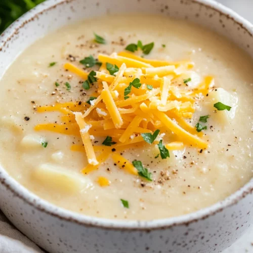Bowl Of Winter Leek Potato Soup Topped With Cheddar Cheese And Parsley, Served On A Rustic White Background