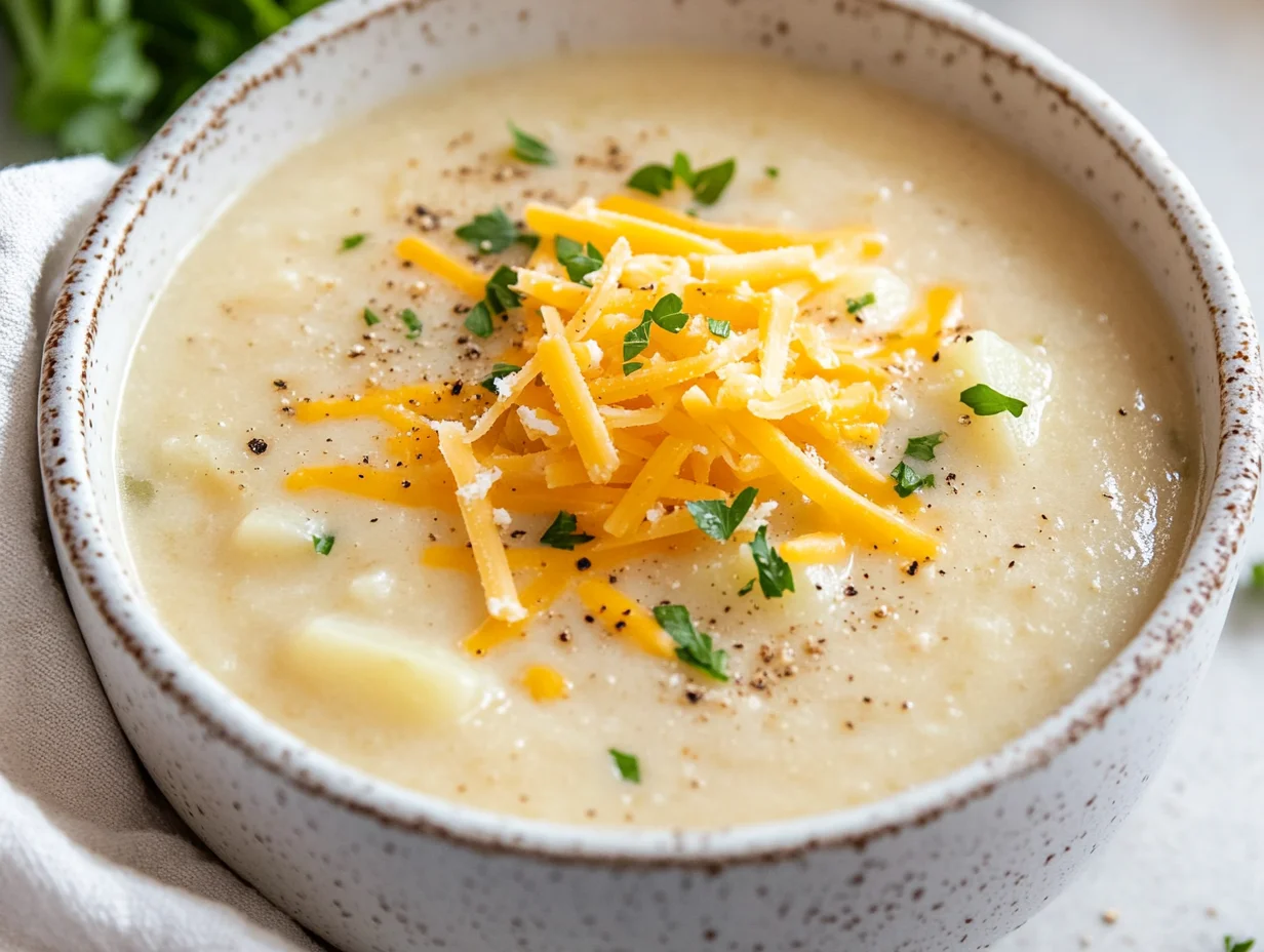 Bowl Of Winter Leek Potato Soup Topped With Cheddar Cheese And Parsley, Served On A Rustic White Background