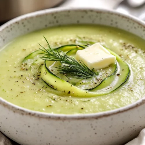 Bowl Of Creamy Zucchini Potato Soup Topped With Fresh Dill And Sour Cream, On A Neutral Table