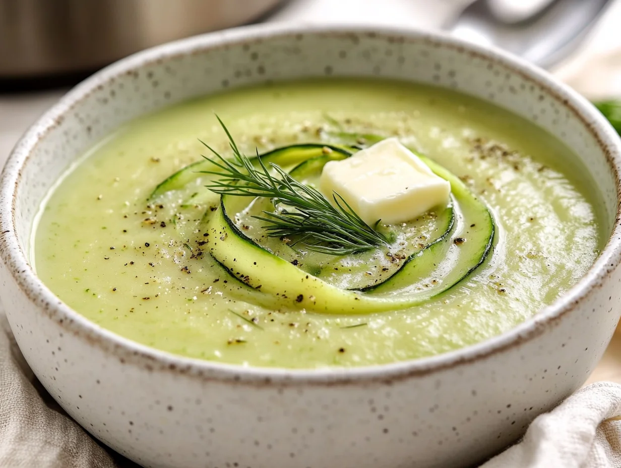 Bowl Of Creamy Zucchini Potato Soup Topped With Fresh Dill And Sour Cream, On A Neutral Table