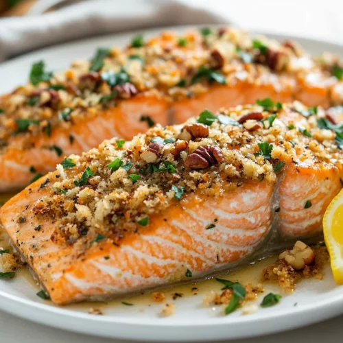 Baked Salmon With Dijon Mustard On A White Plate, Garnished With Parsley And Lemon Wedges