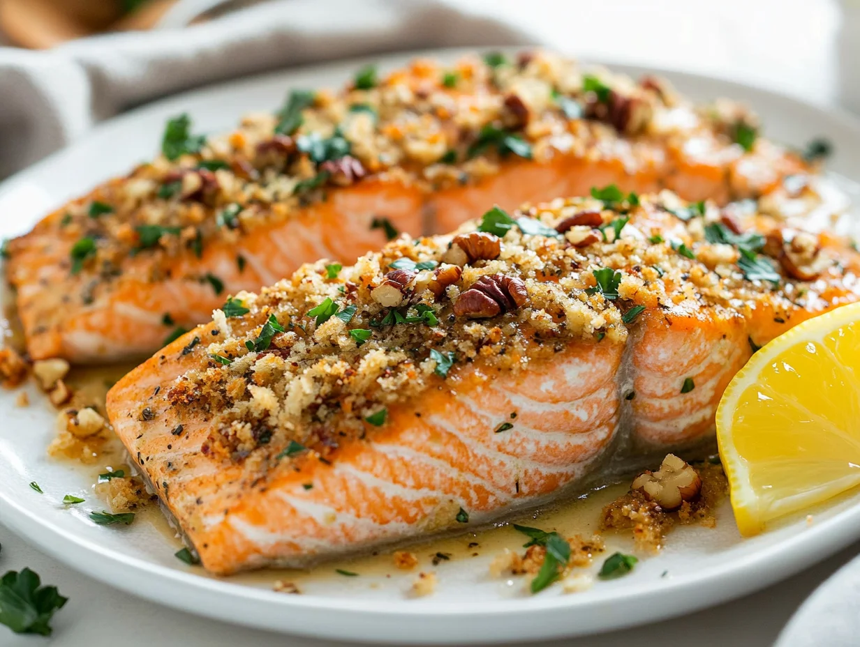 Baked Salmon With Dijon Mustard On A White Plate, Garnished With Parsley And Lemon Wedges