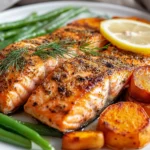 Baked Salmon With Vegetables On A White Plate, Garnished With Dill And Lemon Slices, Served With Sweet Potatoes And Green Beans