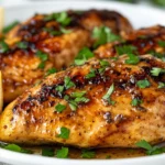 Balsamic Marinated Chicken On A White Plate Garnished With Parsley And Lemon Wedges, Highlighting Crispy Edges.