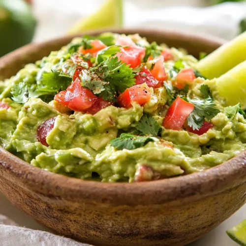 Bowl Of Best Guacamole Topped With Lime Wedges And Cilantro On A Neutral Background