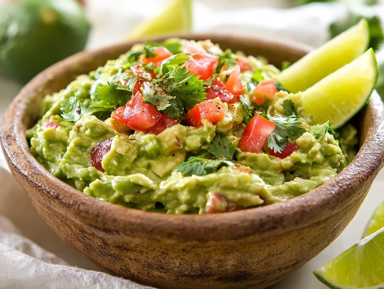 Bowl Of Best Guacamole Topped With Lime Wedges And Cilantro On A Neutral Background