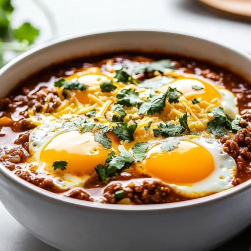 Ultimate Breakfast Chili With Eggs – A Comforting Start To Your Day 3 Bowl Of Breakfast Chili With Eggs Topped With Melted Cheese And Fresh Cilantro, Served On A White Plate.