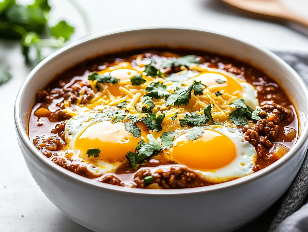 Bowl Of Breakfast Chili With Eggs Topped With Melted Cheese And Fresh Cilantro, Served On A White Plate.