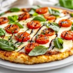 Golden Cauliflower Pizza Crust Topped With Melted Mozzarella And Fresh Basil On A White Plate
