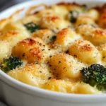 Cheesy Baked Gnocchi With Broccoli In A White Bowl, Topped With Cracked Pepper And Parmesan