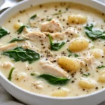 Bowl Of Creamy Chicken Gnocchi Soup Topped With Fresh Spinach And Cracked Pepper, Served On A Gray Wooden Table.