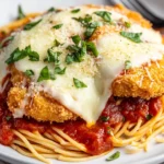 Chicken Parmesan Pasta On A White Plate Topped With Crispy Chicken And Fresh Basil