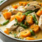 Bowl Of Chicken Stew With Sweet Potatoes And Vegetables, Topped With Fresh Parsley, Set On A Neutral Background