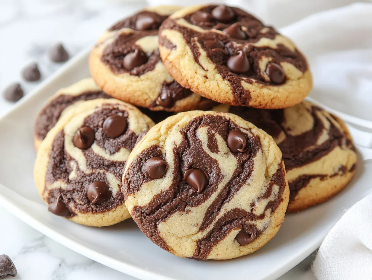 Plate Of Chocolate Chip Marble Cookies With Gooey Chocolate Chips And A Marbled Swirl On A White Background