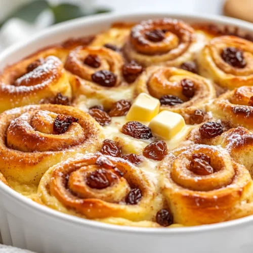 The Best Cinnamon Roll Casserole Recipe For Your Next Breakfast 3 Warm Cinnamon Roll Casserole In A White Dish, Garnished With Powdered Sugar And Mint Leaves.