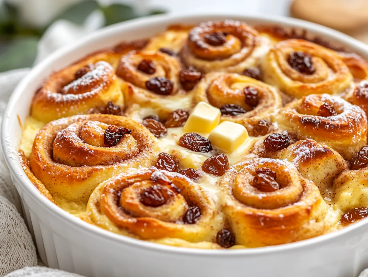 Warm Cinnamon Roll Casserole In A White Dish, Garnished With Powdered Sugar And Mint Leaves.