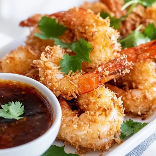 The Best Crispy Coconut Shrimp Recipe For An Irresistible Appetizer 3 Crispy Coconut Shrimp On A White Plate Garnished With Cilantro And Served With Sweet Chili Sauce