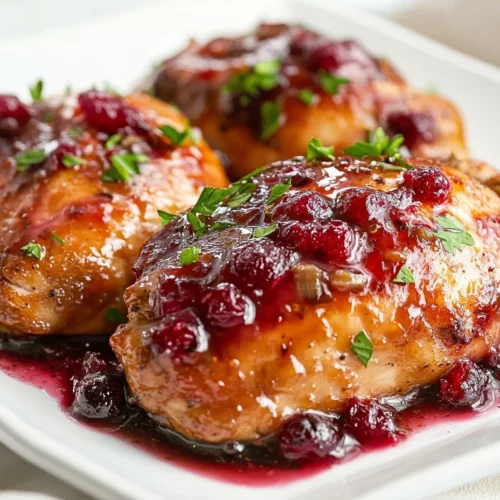 Cranberry Chicken Dish On A White Plate, Glazed In Red Sauce And Garnished With Fresh Parsley