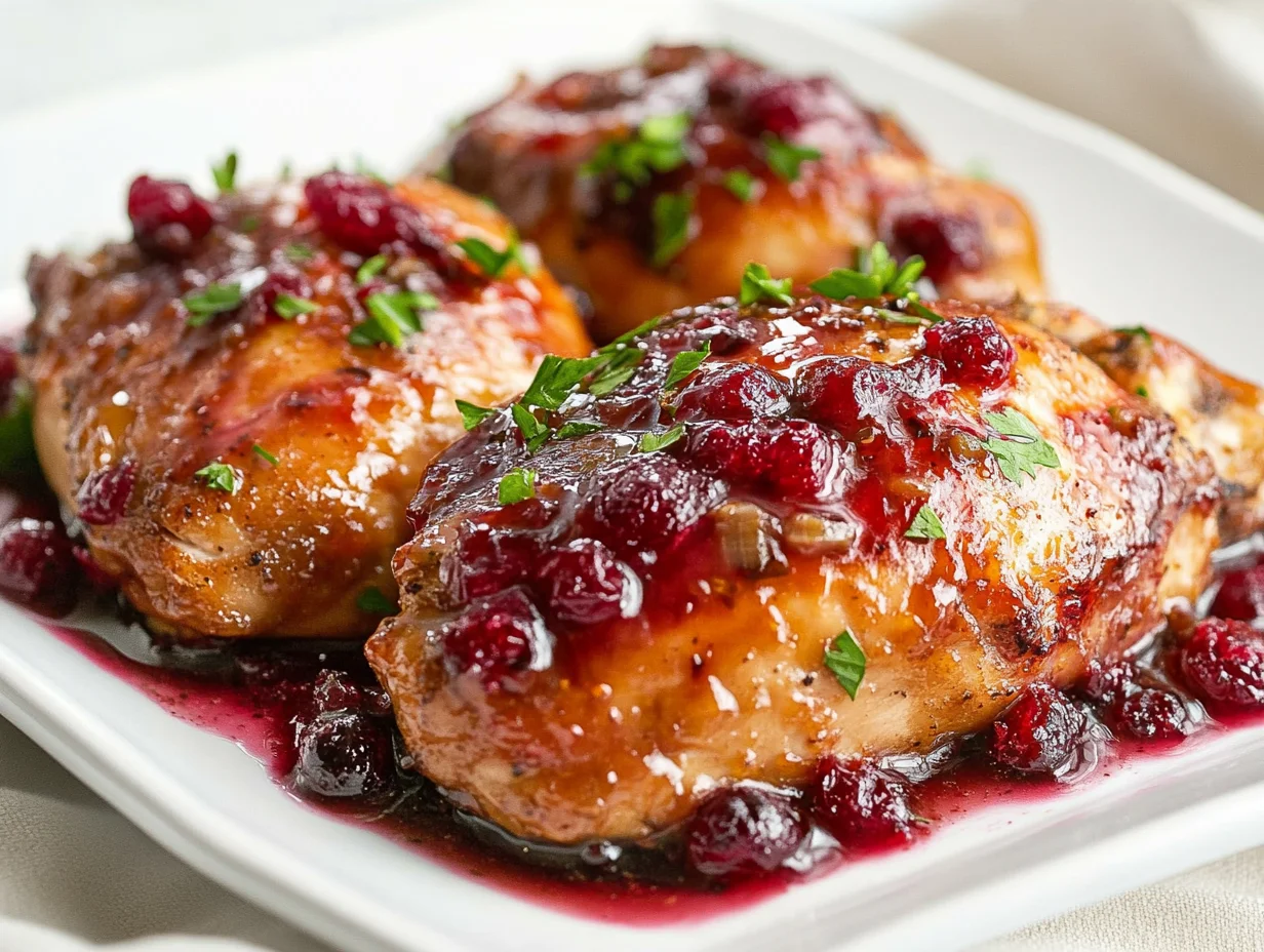 Cranberry Chicken Dish On A White Plate, Glazed In Red Sauce And Garnished With Fresh Parsley
