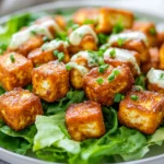 Crispy Buffalo Tofu Salad On A White Plate, Topped With Creamy Caesar Dressing And Fresh Chives