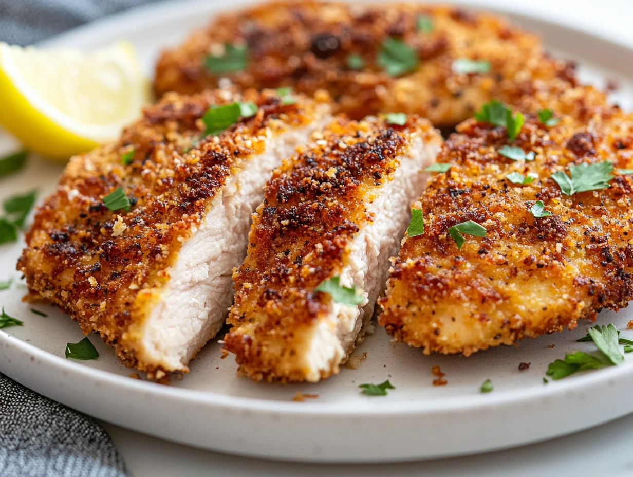 Crispy Panko Chicken On A White Plate Garnished With Parsley, Showcasing Golden, Crunchy Texture.
