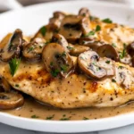 Easy Chicken Marsala Served On A White Plate, Garnished With Fresh Parsley And Rich Mushroom Sauce