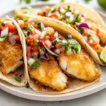 Crispy Fish Tacos With Flour Tortillas Topped With Cabbage And Salsa On A White Plate With Lime Wedges