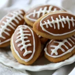 Decadent Football Cookies On A White Plate, Decorated With Brown Icing And White Laces For Game Day Treats.