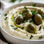 Creamy Green Olive Dip In A White Bowl, Garnished With Sliced Olives And Parsley, On A Neutral Background