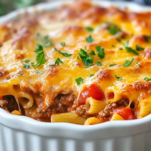 Ground Beef Casserole Recipe - Cheesy, Hearty &Amp; Delicious 3 Cheesy Ground Beef Casserole With Bow-Tie Pasta And Golden Cheddar Cheese, Garnished With Parsley In A White Dish