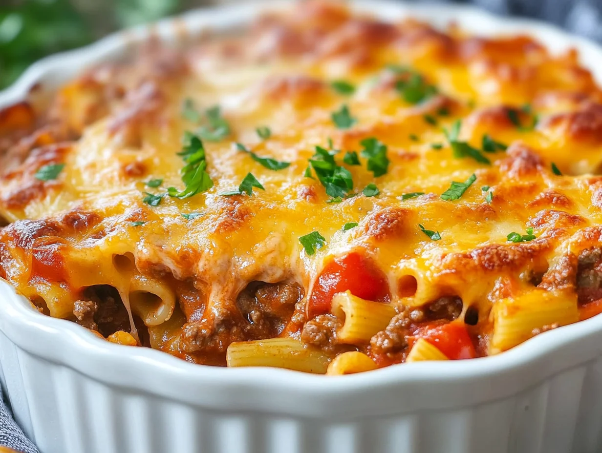 Cheesy Ground Beef Casserole With Bow-Tie Pasta And Golden Cheddar Cheese, Garnished With Parsley In A White Dish