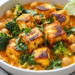 Bowl Of Halloumi Curry Recipe With Crispy Cheese, Broccoli, And Chickpeas Garnished With Cilantro And Lime