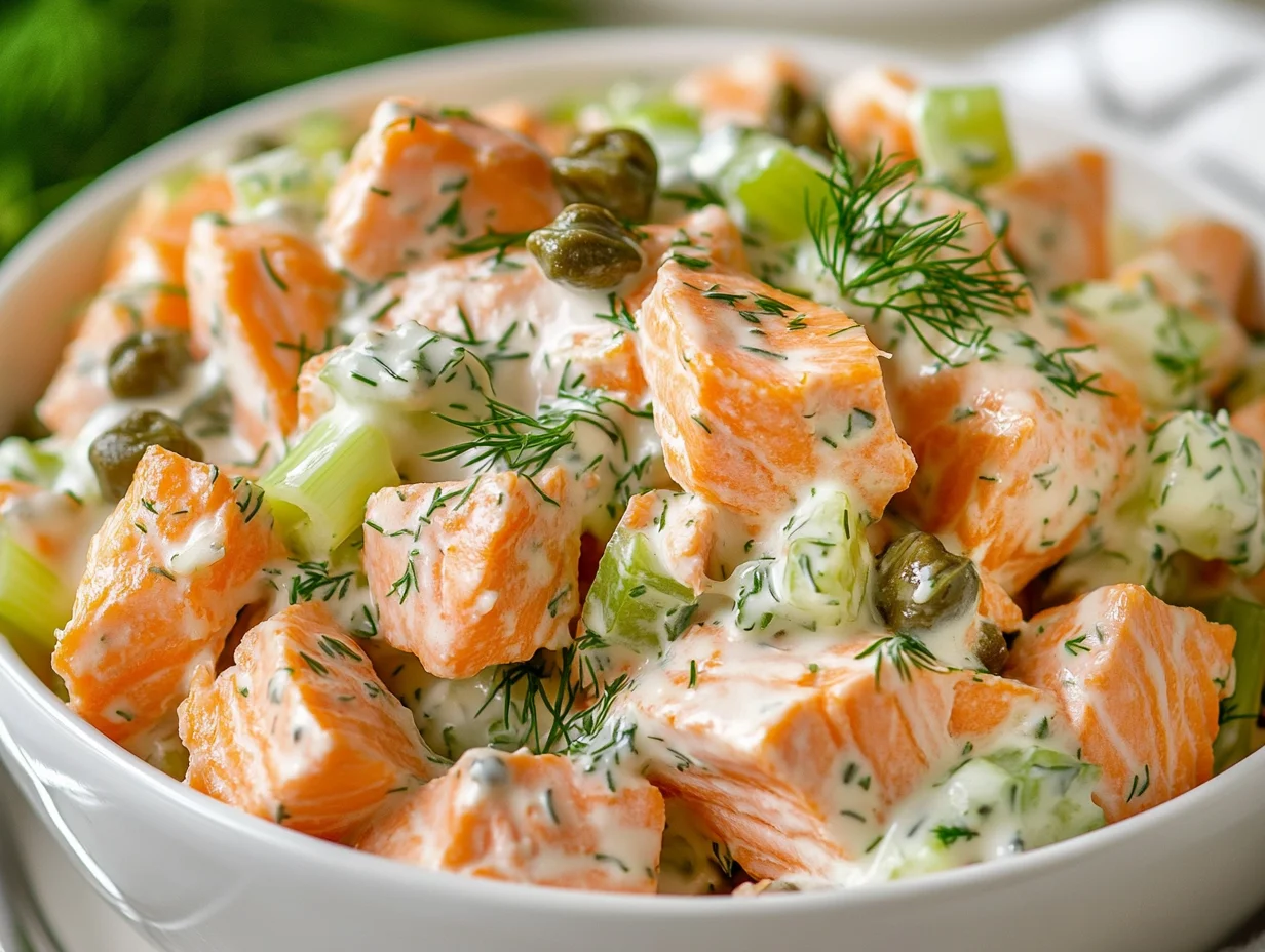 Healthy Salmon Salad In A White Bowl Garnished With Dill And Capers, Served With Lemon Wedges On The Side