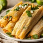 Homemade Chicken Tamales On A White Plate Garnished With Fresh Cilantro And Lime Slices