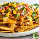 Colorful Hot Honey Chipotle Chicken Nachos Piled On A White Plate Topped With Mango Pico De Gallo And Cilantro