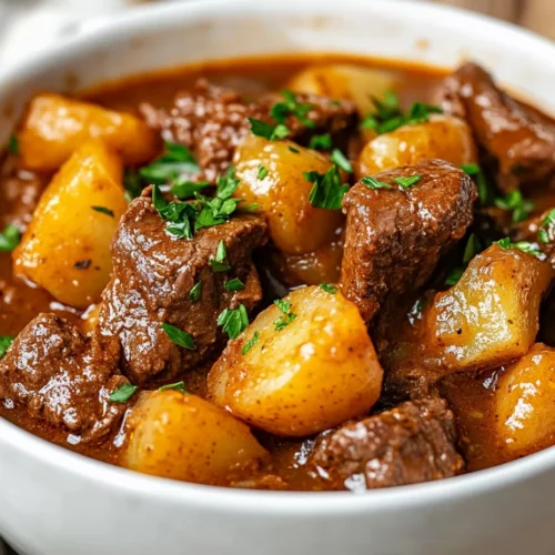 Bowl Of Irish Beef Stew Filled With Beef, Potatoes, And Carrots, Garnished With Parsley On A Wooden Table