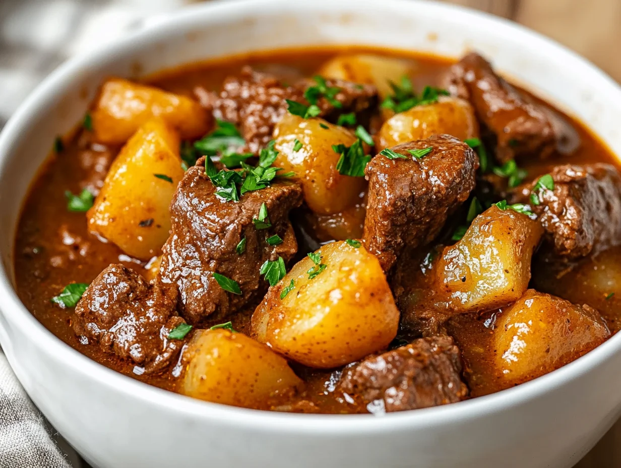 Bowl Of Irish Beef Stew Filled With Beef, Potatoes, And Carrots, Garnished With Parsley On A Wooden Table