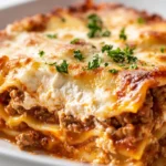 Hearty Lazy Lasagna Served In A White Dish, Garnished With Fresh Parsley And Steaming Hot