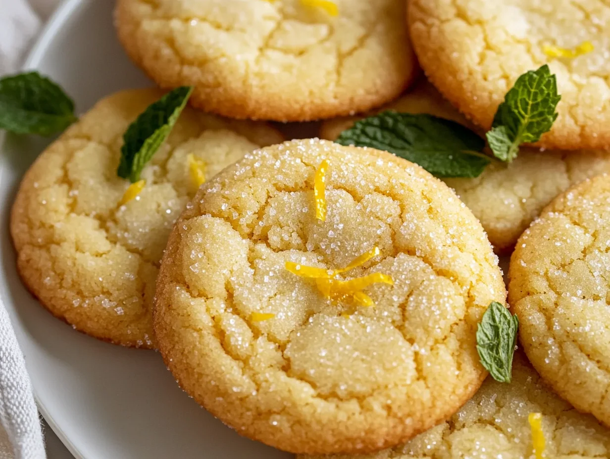 Plate Of Golden Lemon Sugar Cookies Garnished With Lemon Zest On A White Background