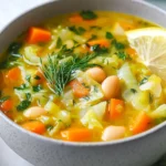 Bowl Of Lemon Turmeric Cabbage Soup Garnished With Dill And Lemon On A Neutral Background