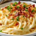 Bowl Of Mac And Cheese Spaghetti Topped With Crispy Bacon And Fresh Green Onions, Served On A White Plate