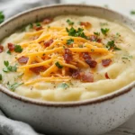 Bowl Of Creamy Mashed Potato Soup Topped With Melted Cheddar, Crispy Bacon, And Parsley On A Wooden Table.