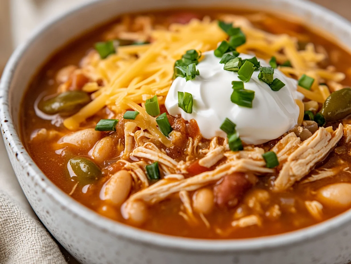Bowl Of Mississippi Chicken Chili Topped With Sour Cream, Cheese, And Pepperoncini On A Wooden Table