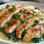 One-Pan Chicken Florentine On A White Plate, Garnished With Parsley And A Creamy Spinach Sauce